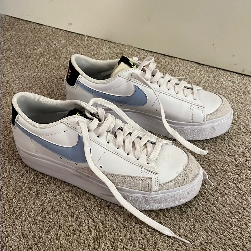 Nike blazer low platform sneaker in white, cobalt bliss, volt, and black